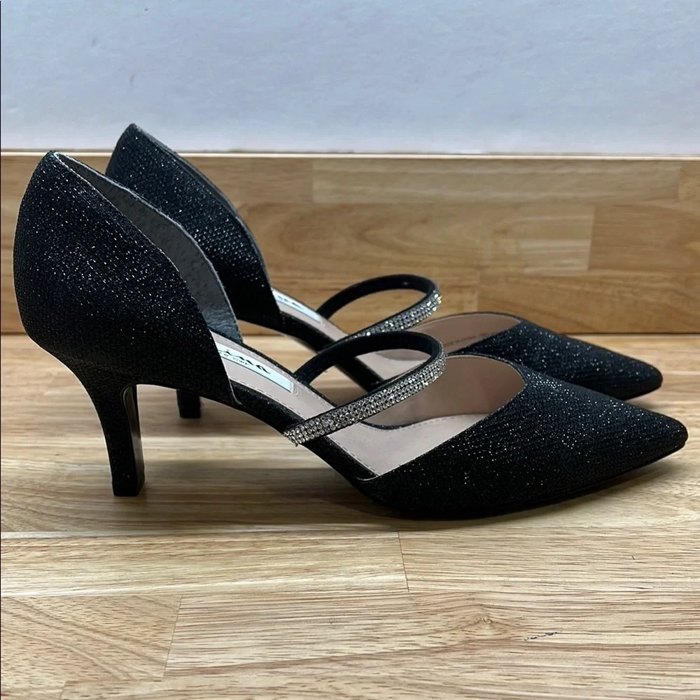 Nina 8.5 Black Glitter Brystol Black Metallic Crystal Band Women's Mid Heel Pump
